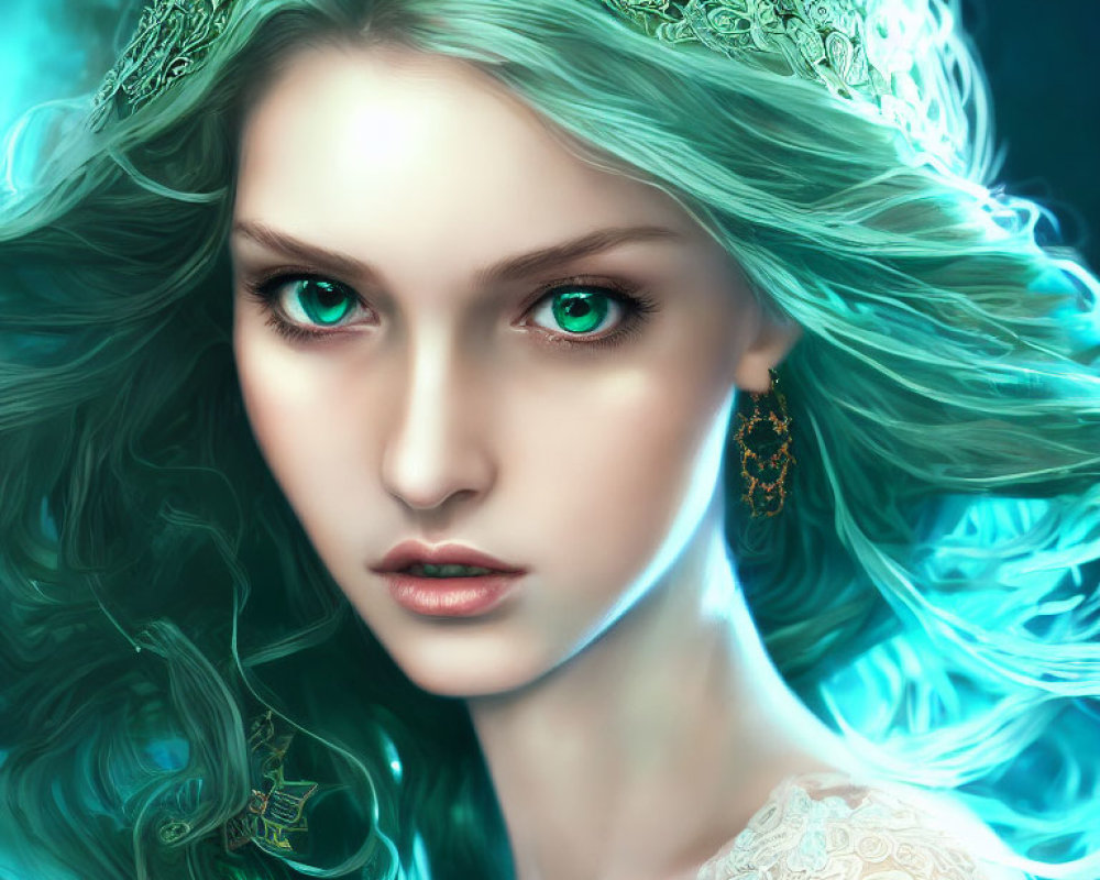 Fantasy portrait of a woman with green eyes, teal hair, crown, and earrings on blue-green