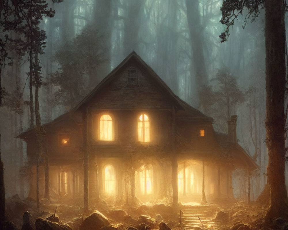 Enchanting house in misty forest with sunbeams