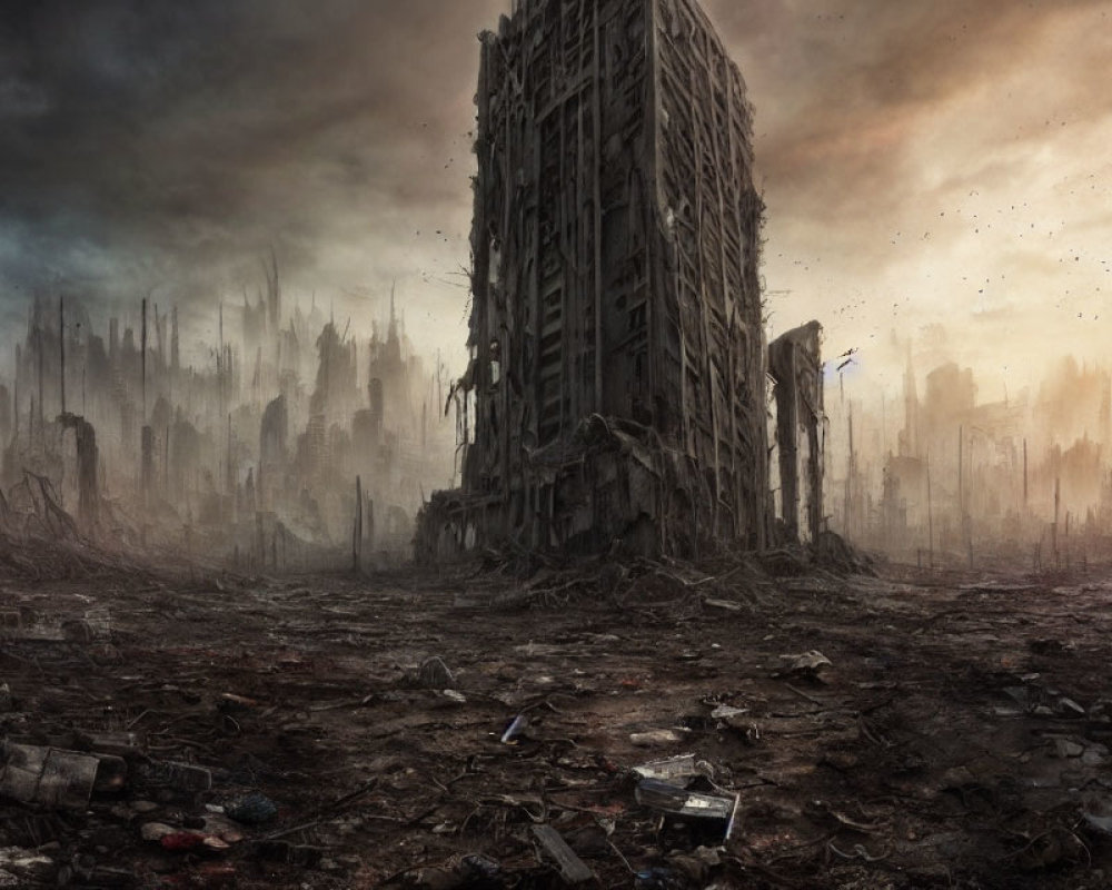 Desolate post-apocalyptic landscape with dilapidated high-rise building