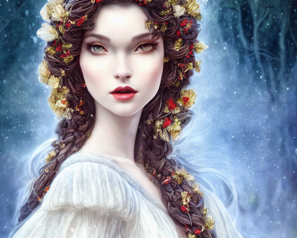 Digital artwork: Woman with braided hair and red flowers in white dress against snowy backdrop