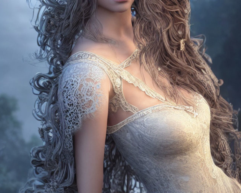 Intricate lace attire and floral headdress on woman in misty backdrop