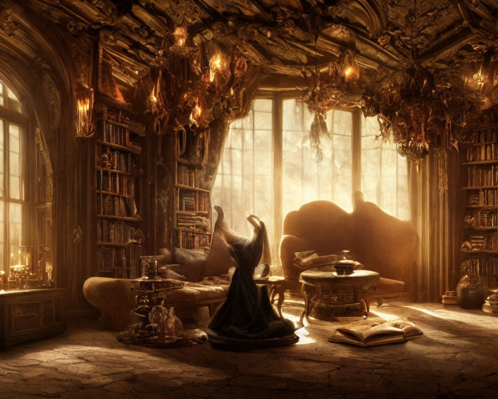 Opulent old library with large window, warm lighting, books, wingback chair, mysterious figure in