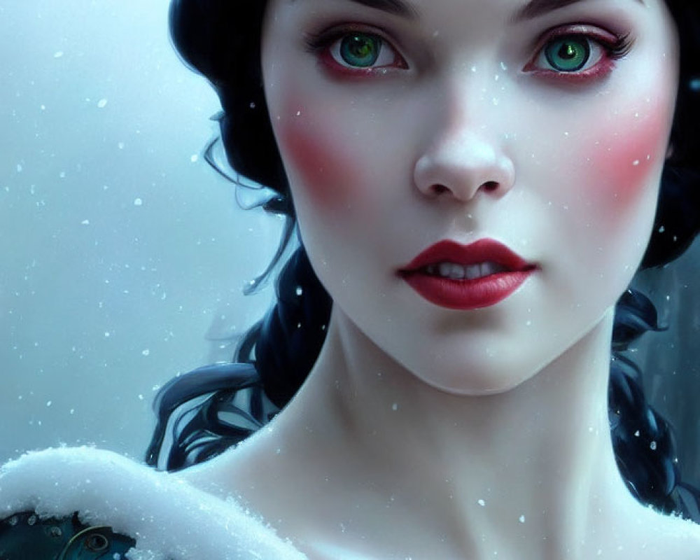 Digital artwork: Woman with green eyes, rosy cheeks, floral headpiece, snowflakes,