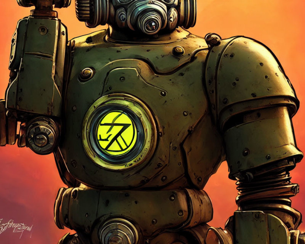 Bulky robot illustration with green body and yellow symbol on chest