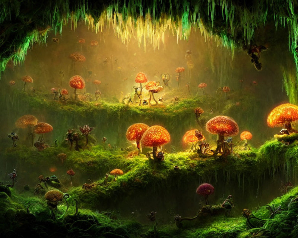 Enchanting forest scene with glowing mushrooms and ethereal lights