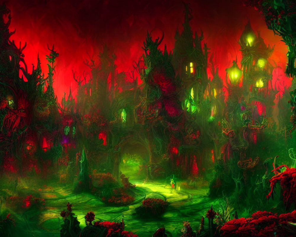 Fantastical landscape with eerie green-lit vegetation and vibrant red sky