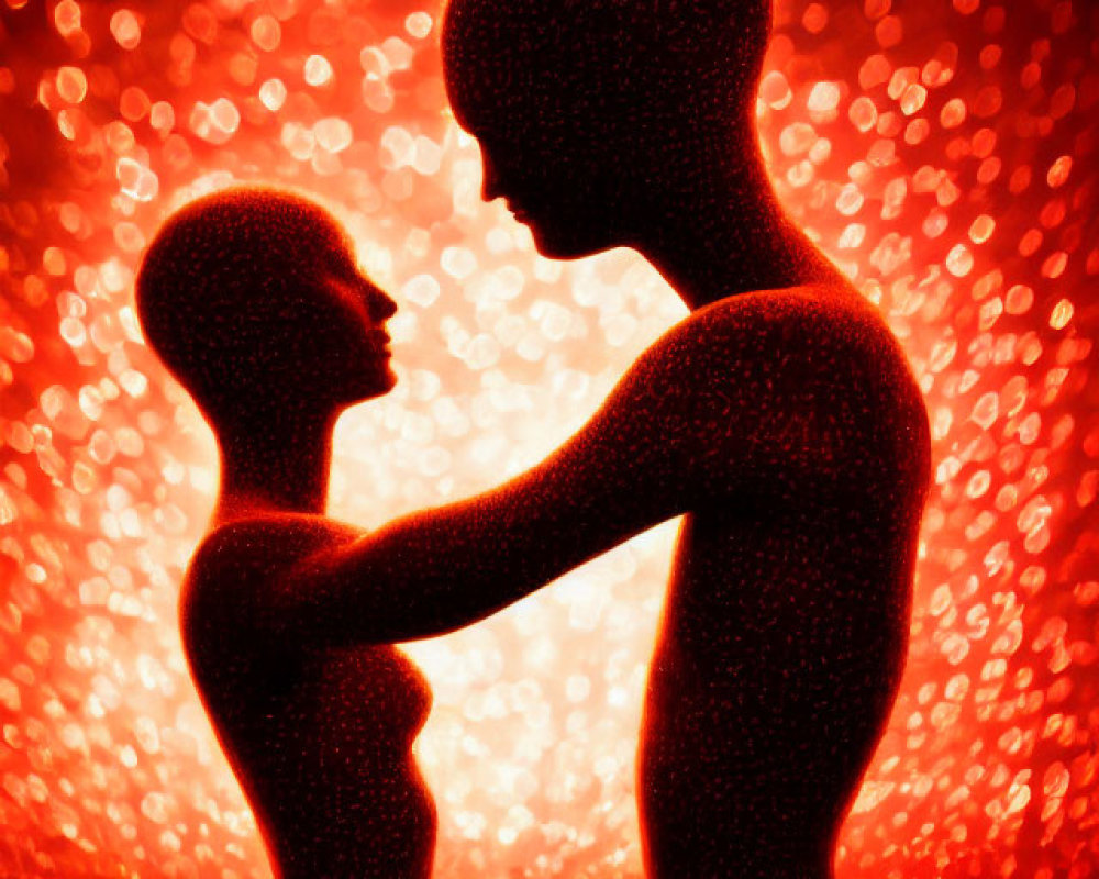 Silhouetted figures in emotional embrace on red background