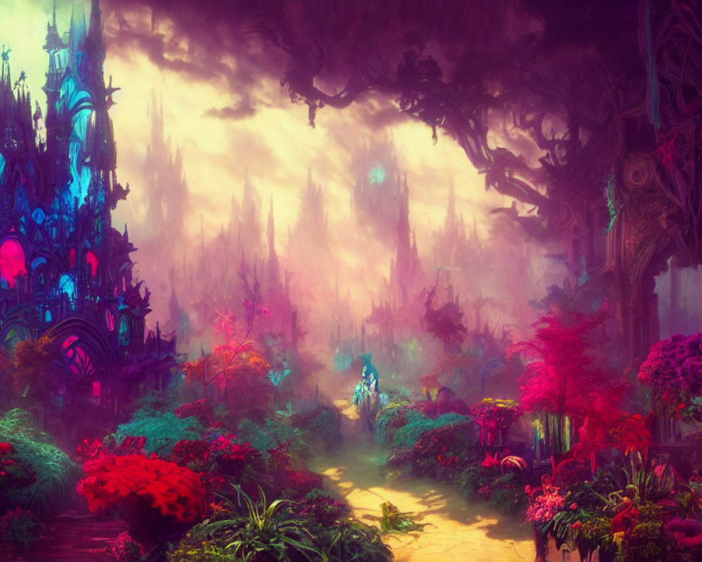 Colorful Flora and Ethereal Castle in Vibrant Fantasy Landscape