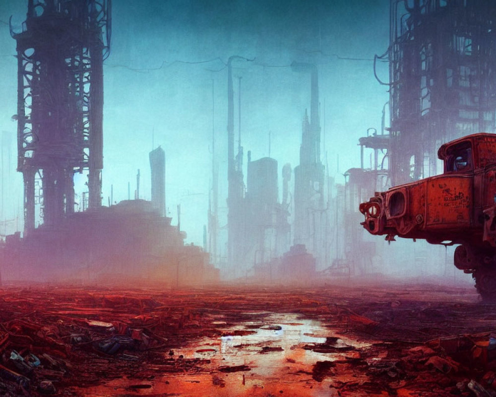 Dystopian landscape with industrial structures and crimson haze