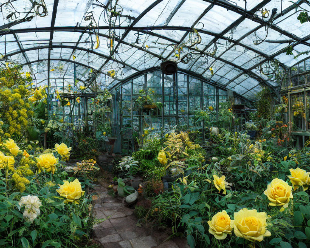 Greenhouse with Yellow Roses and Green Plants under Glass Ceiling