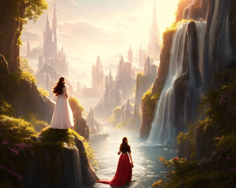 Fantasy landscape with waterfalls, glowing castle, and two women in long dresses