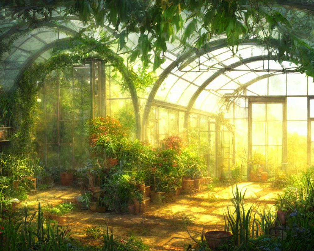 Lush greenhouse filled with vibrant plants and flowers