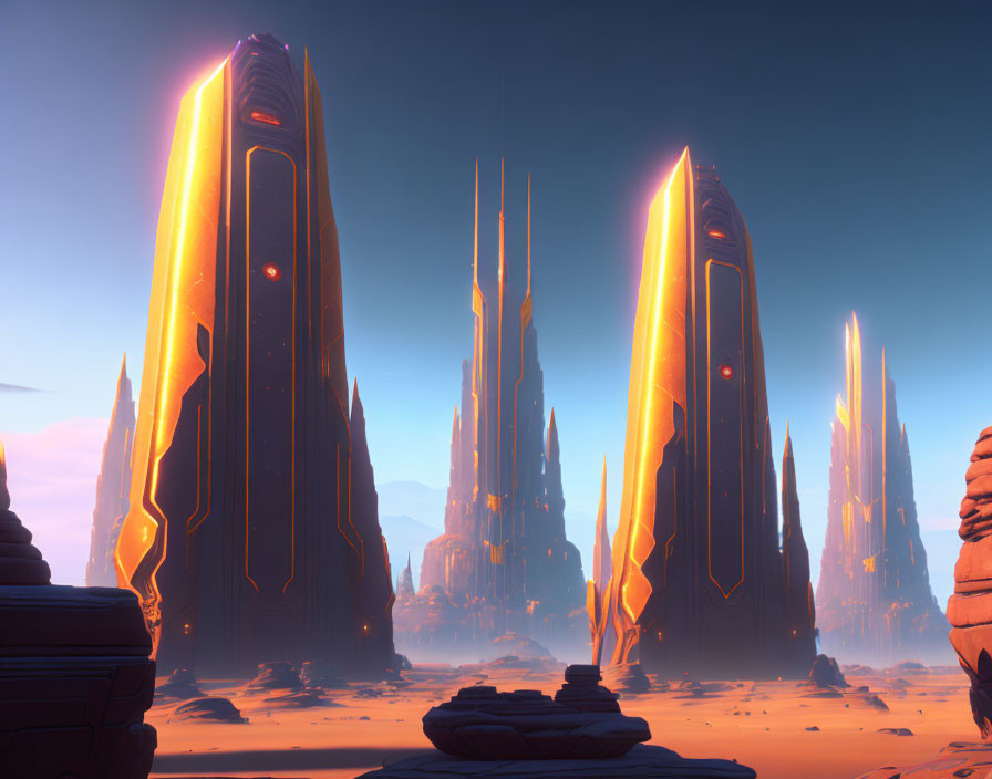 Futuristic alien landscape with glowing structures in desert sunset.