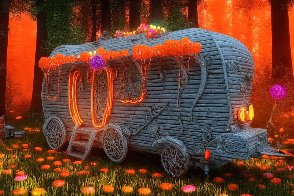 Enchanting fantasy caravan in mystical forest with orange and purple lights