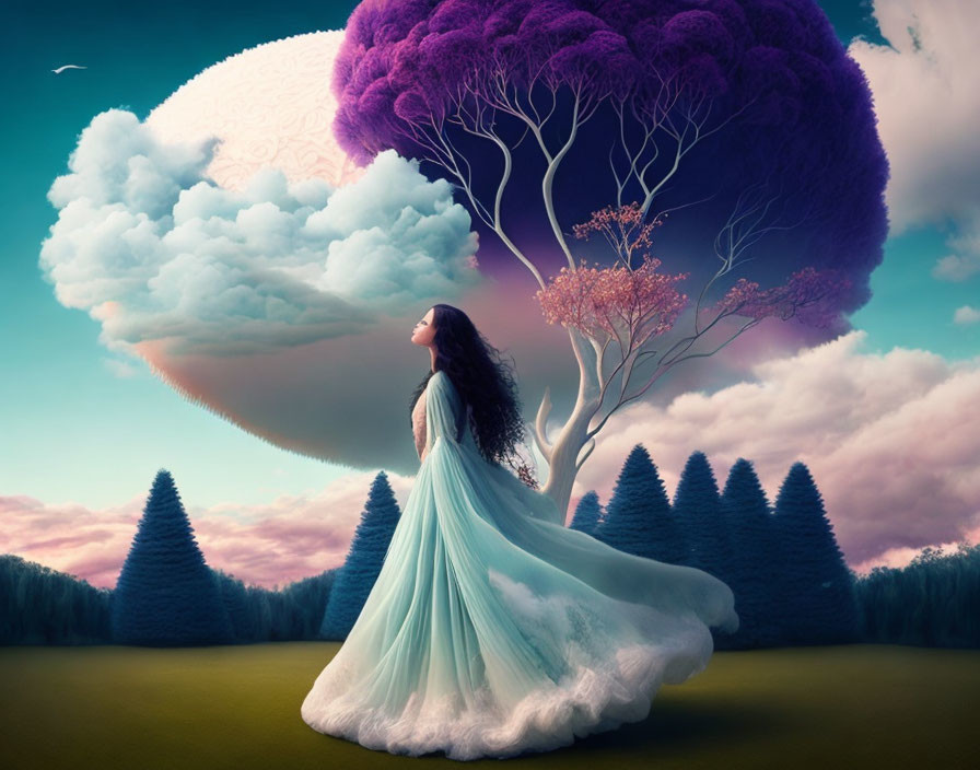 Woman in flowing dress gazes at surreal purple trees in dreamlike landscape