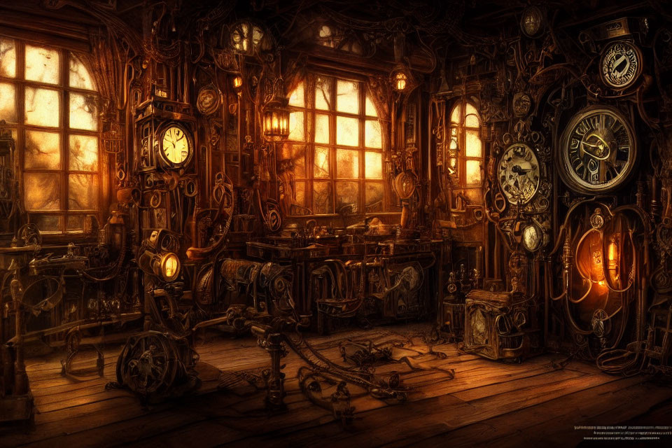 Vintage Steampunk Room with Clocks and Gears