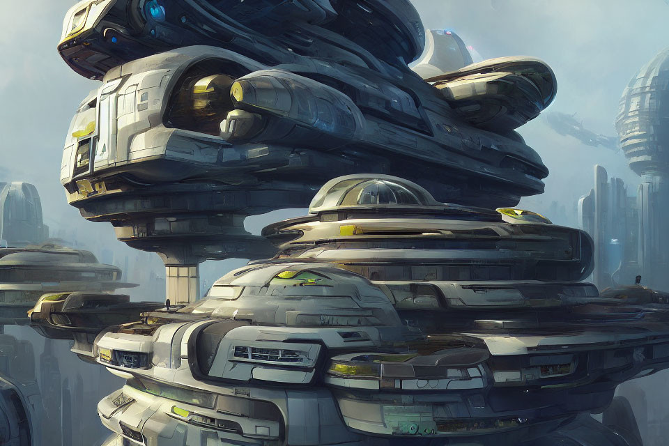 Futuristic cityscape with cylindrical structures and flying vehicles