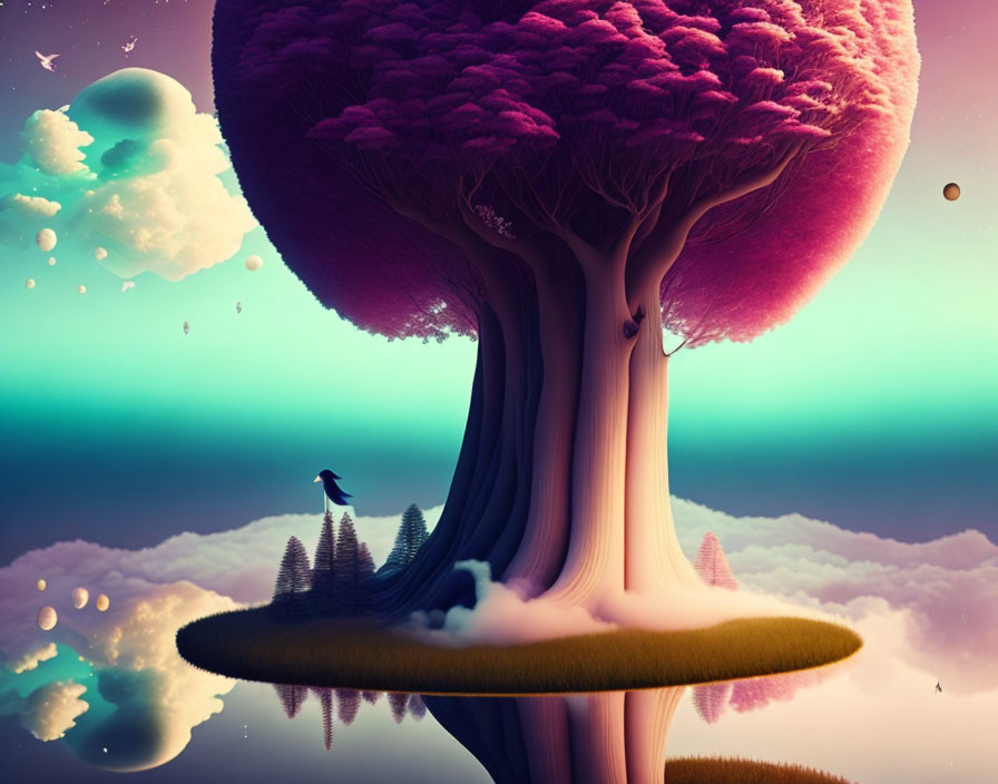 Surreal landscape with giant pink tree, floating islands, and multicolored sky