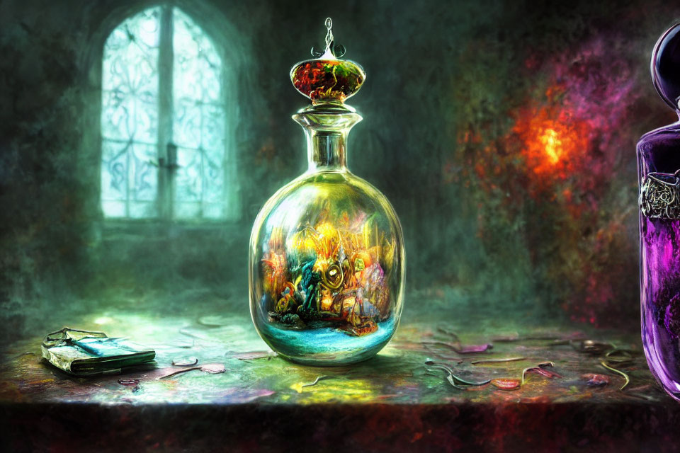 Fantasy digital painting: luminous potion bottle, creatures, open book, vial, moody