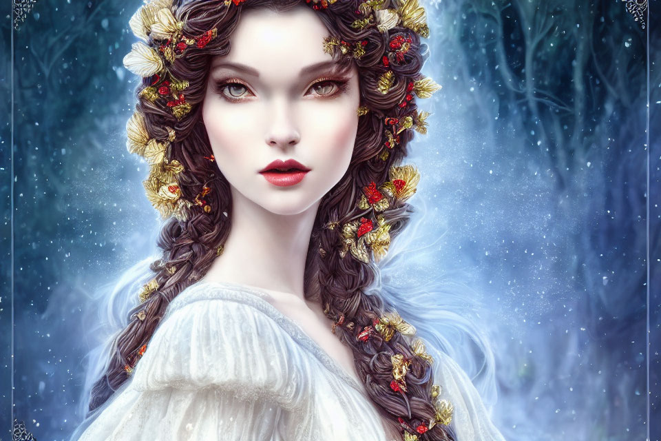 Digital artwork: Woman with braided hair and red flowers in white dress against snowy backdrop