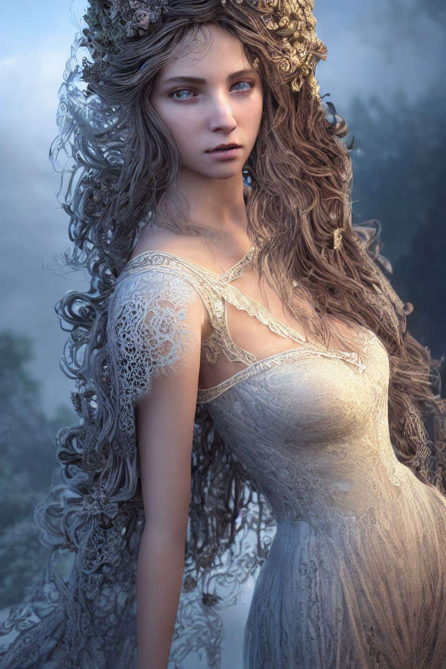 Intricate lace attire and floral headdress on woman in misty backdrop