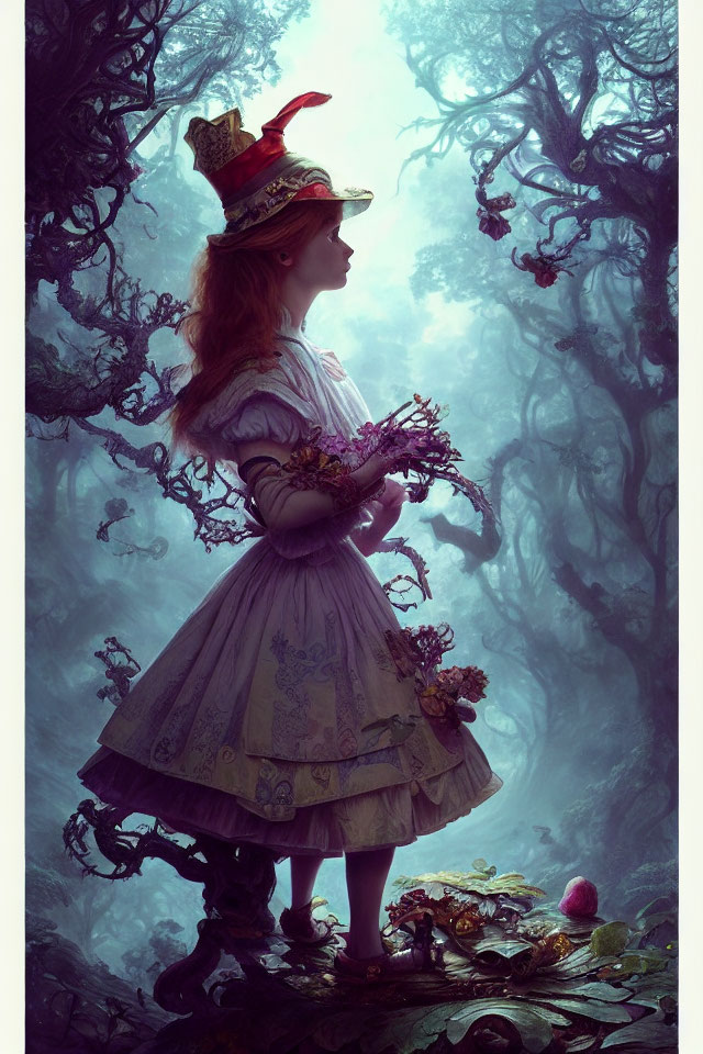 Girl in whimsical dress and hat in mystical forest with gnarled trees and flowers.