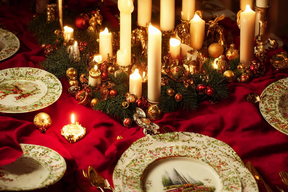 Elegant Christmas table setting with candles, red tablecloth, decorated plates, and gold baubles