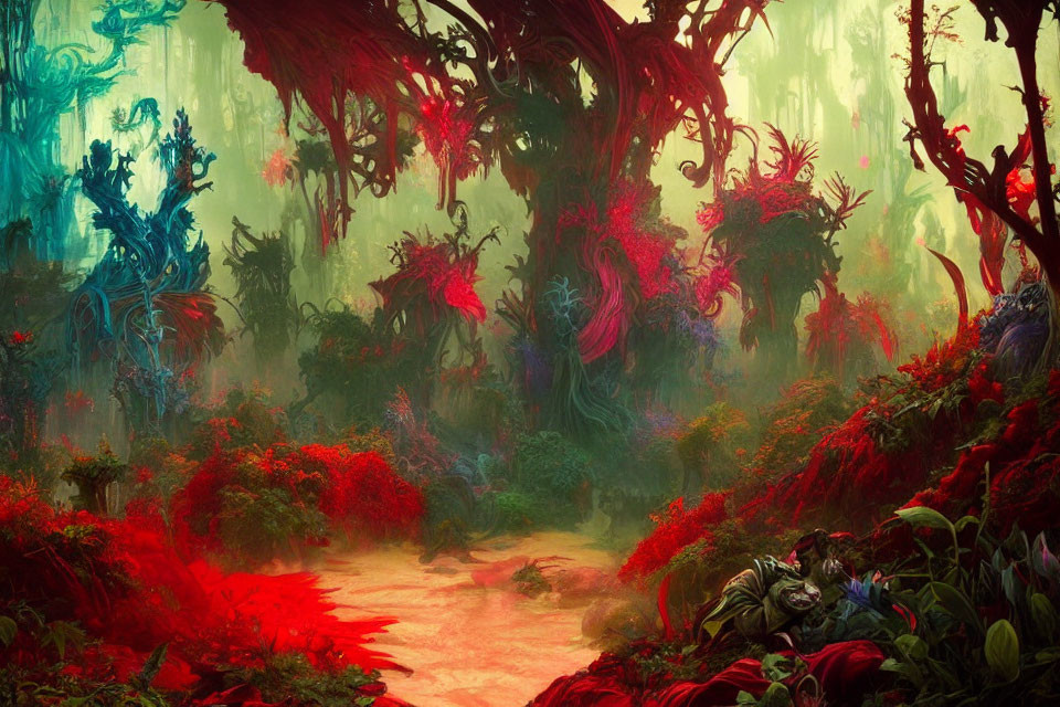 Fantastical forest with red and green foliage and mysterious path