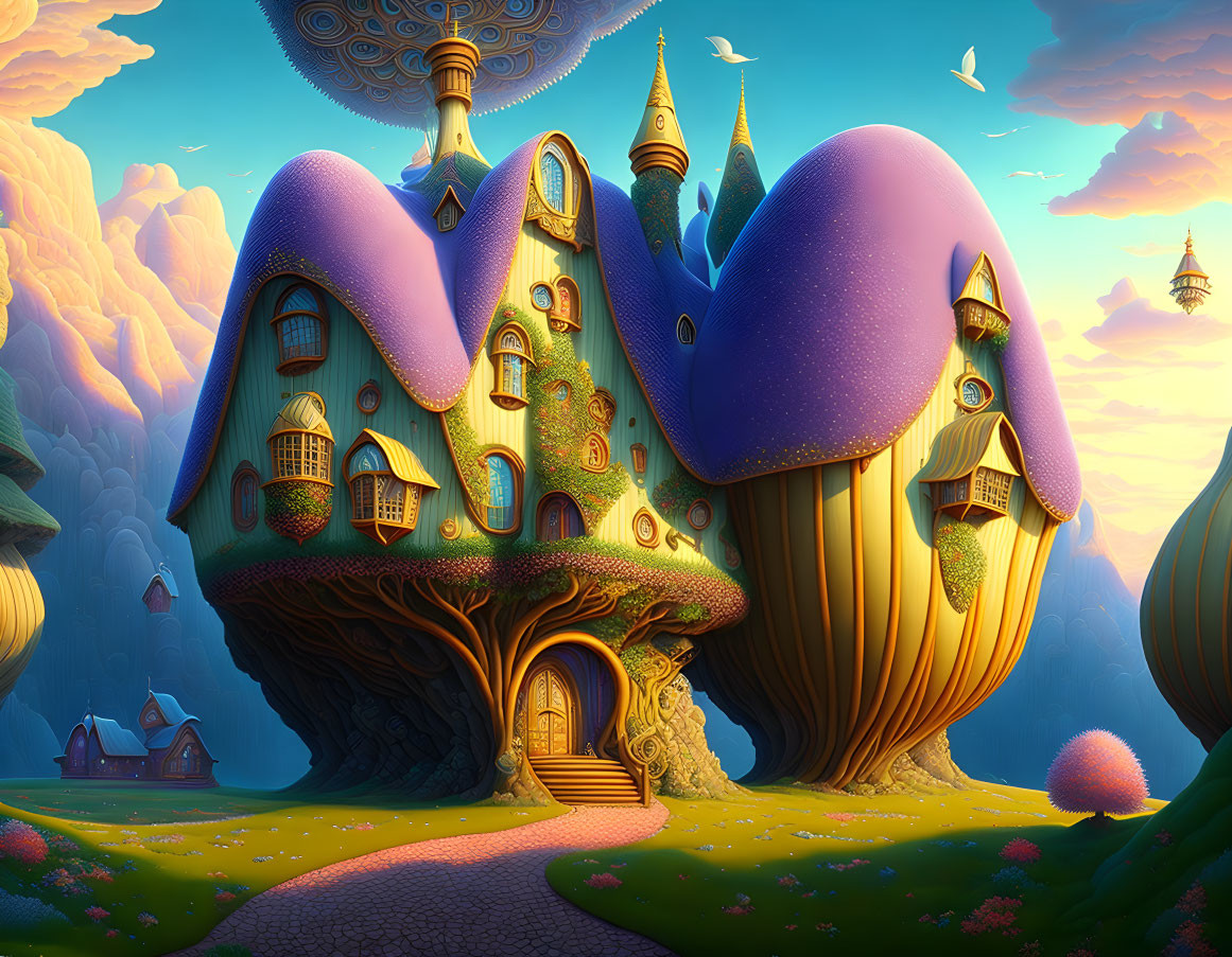 Fantasy treehouse digital artwork with purple roofs against dreamlike sunset sky