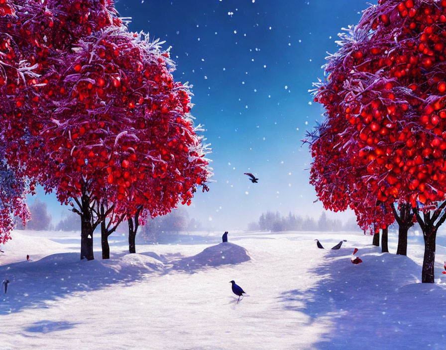 Vibrant red trees in snowy winter scene with birds under clear blue sky