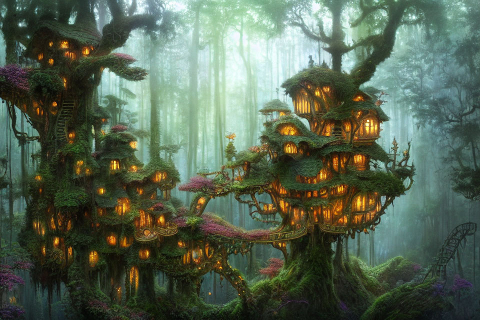 Twilight enchanted forest scene with illuminated treehouses and mystical foggy backdrop