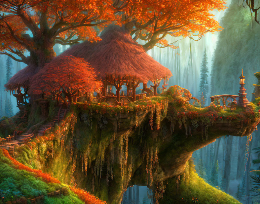 Thatched roof treehouses in mystical autumn forest