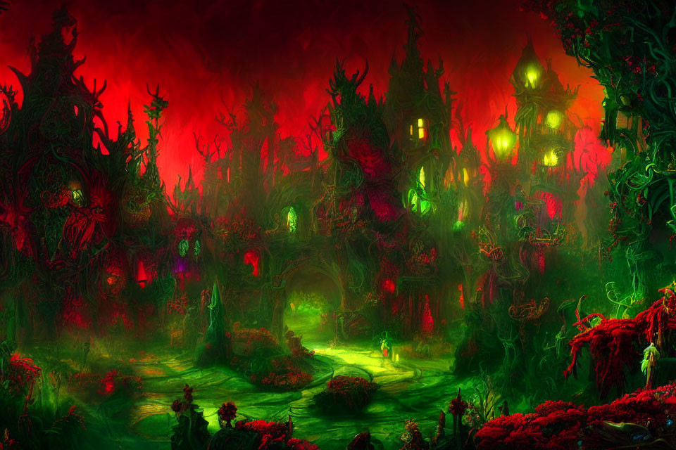 Fantastical landscape with eerie green-lit vegetation and vibrant red sky