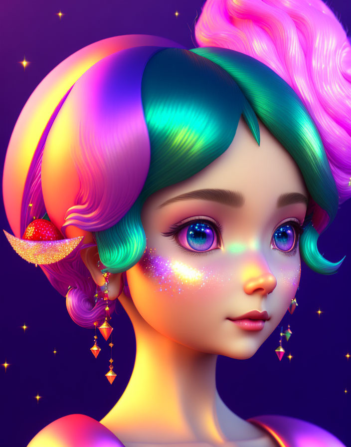 Colorful girl portrait with star accessories on dark background