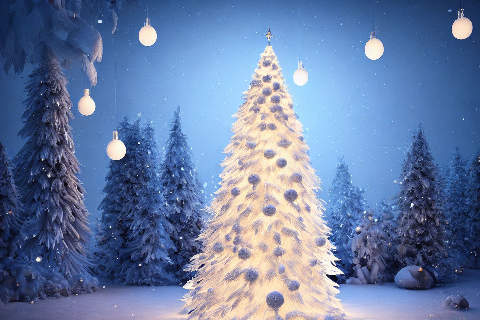 Illuminated Christmas tree in snowy landscape at dusk