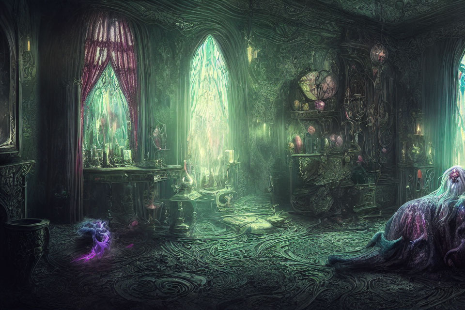 Mystical room with glowing crystals and ghostly figure