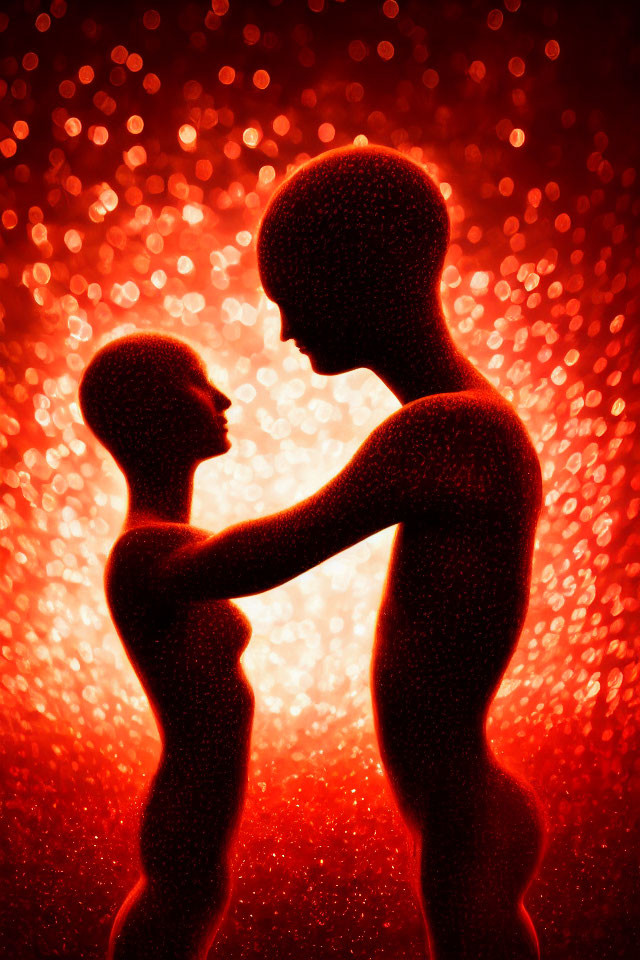 Silhouetted figures in emotional embrace on red background