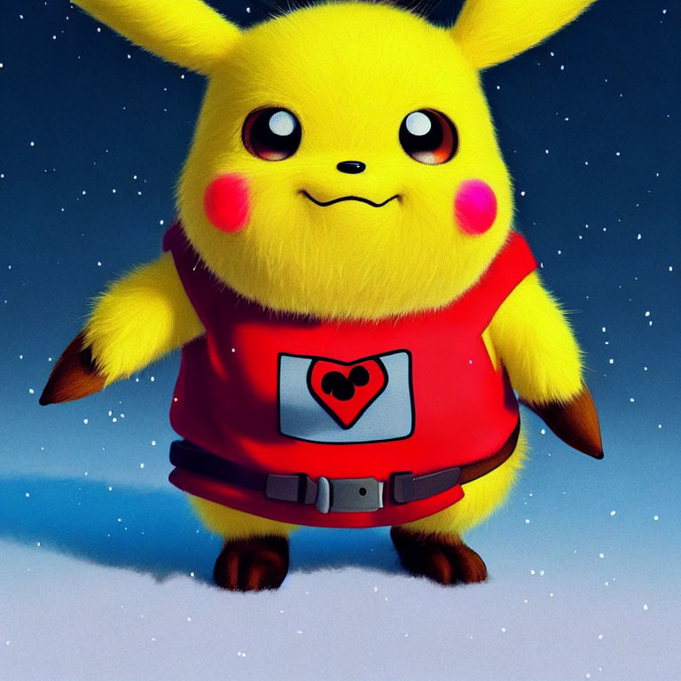 Pikachu in red vest with heart symbol on starry night background