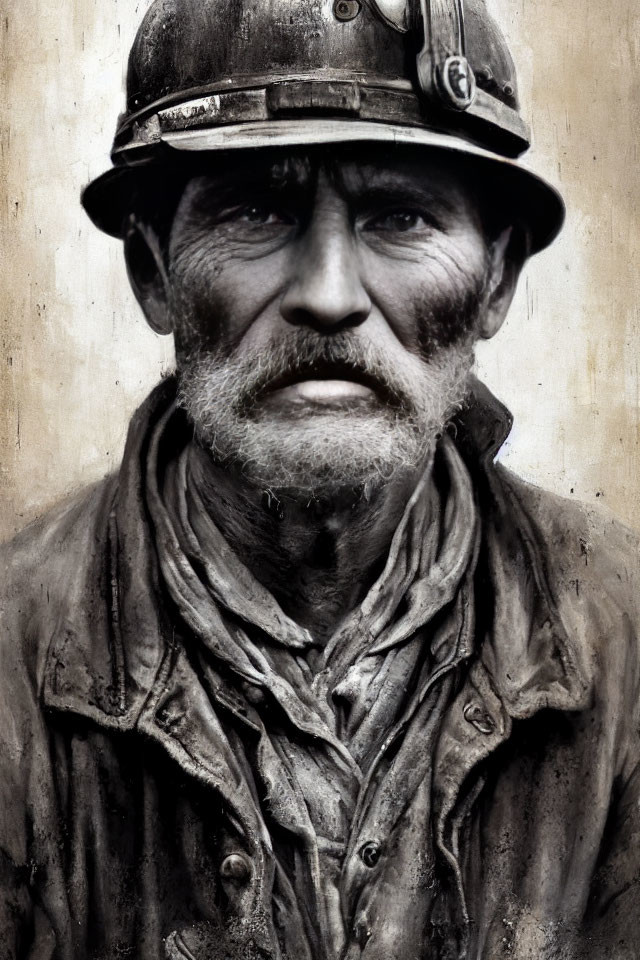 Weathered miner in hard hat covered in soot and grime gazes ahead with experienced face.