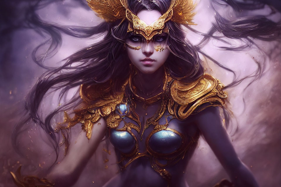 Illustrated female figure in golden armor and mystical headdress on purple background.