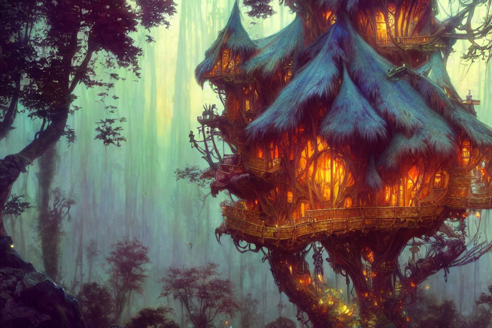 Enchanting treehouse with glowing windows in mystical forest