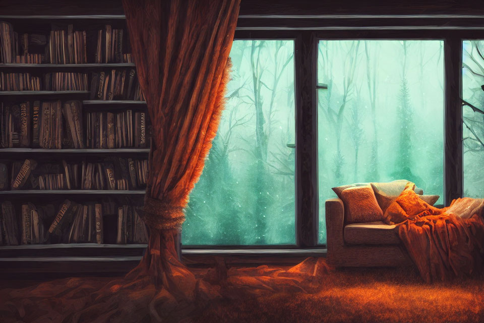 Inviting interior with armchair, blanket, curtain, bookshelf, and misty forest view