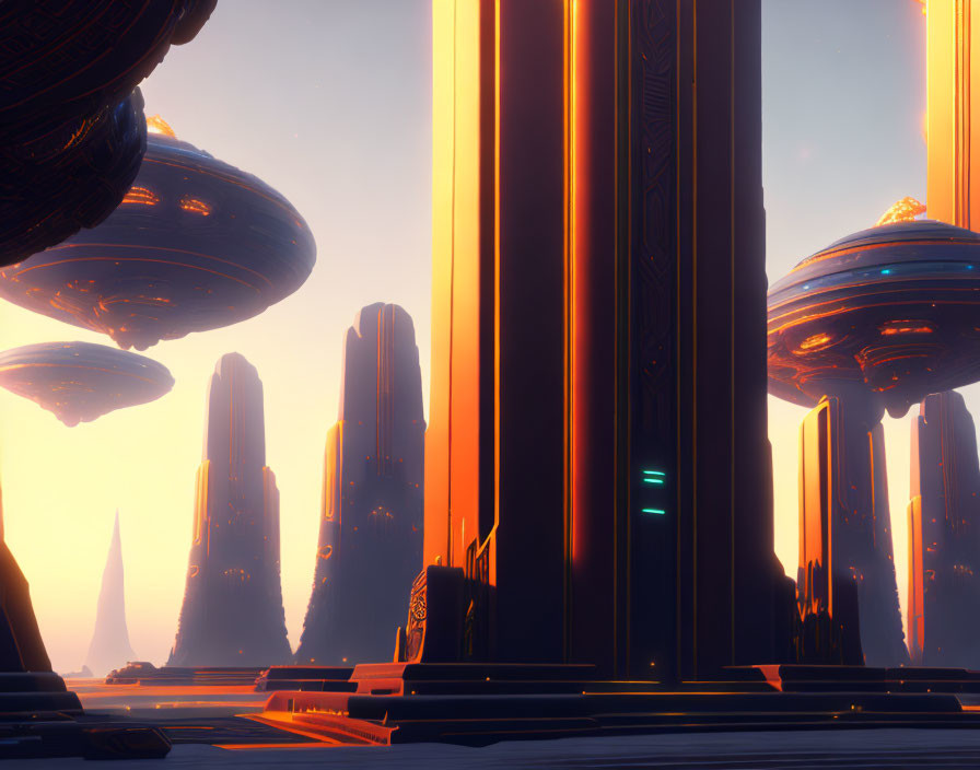 Futuristic alien landscape with towering illuminated structures