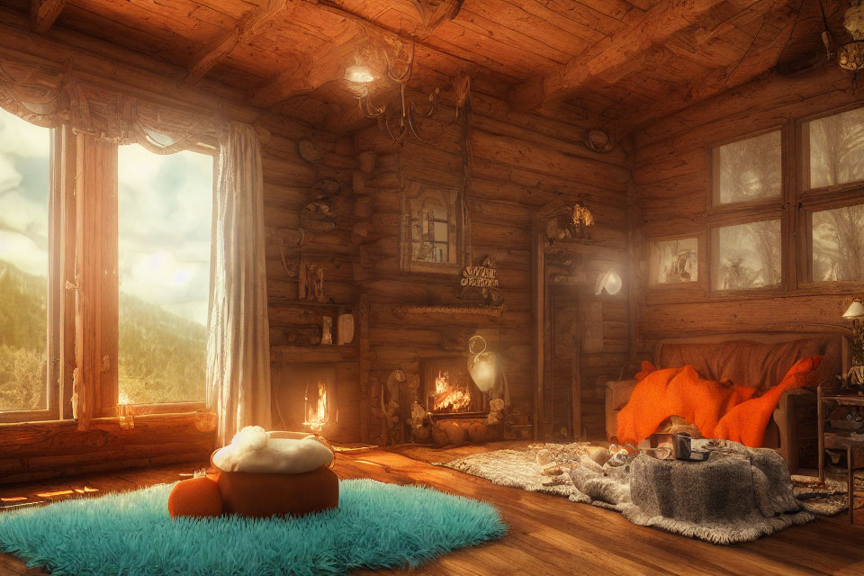 Rustic cabin interior with fireplace, mountain view, and cozy decor