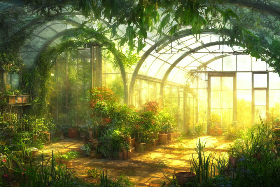 Lush greenhouse filled with vibrant plants and flowers