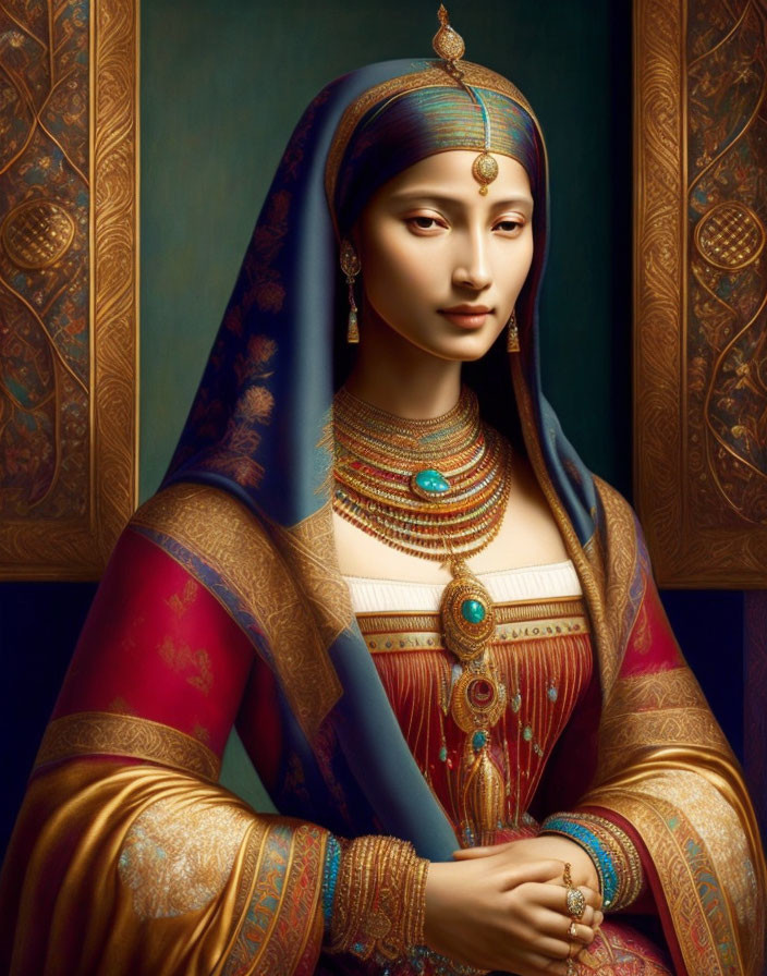 Digital portrait of woman in royal attire with intricate jewelry and colorful draped garment against patterned background