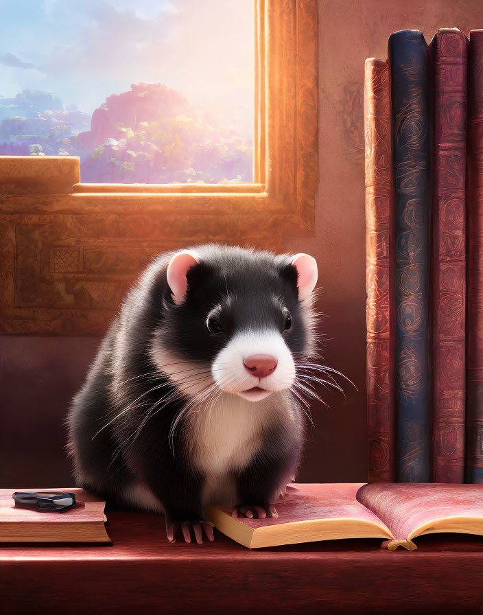 Black and White Guinea Pig on Books with Glasses and Sunny Window