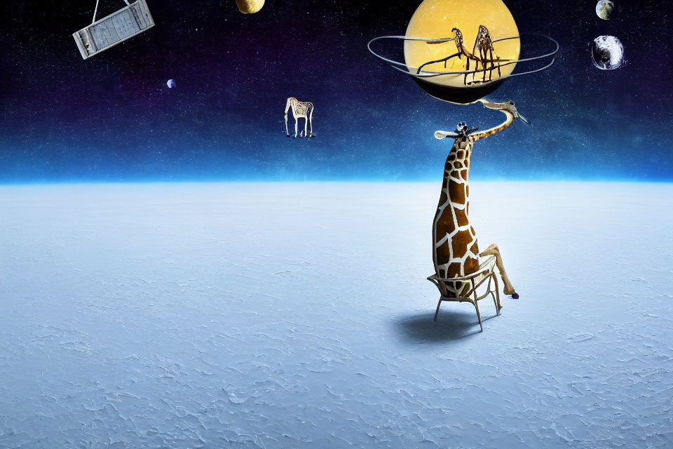 Surreal composition: giraffe on chair with desert balloon, floating objects on moon surface