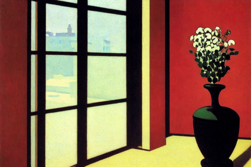 Still life painting of white flowers in vase on window ledge with cityscape view.