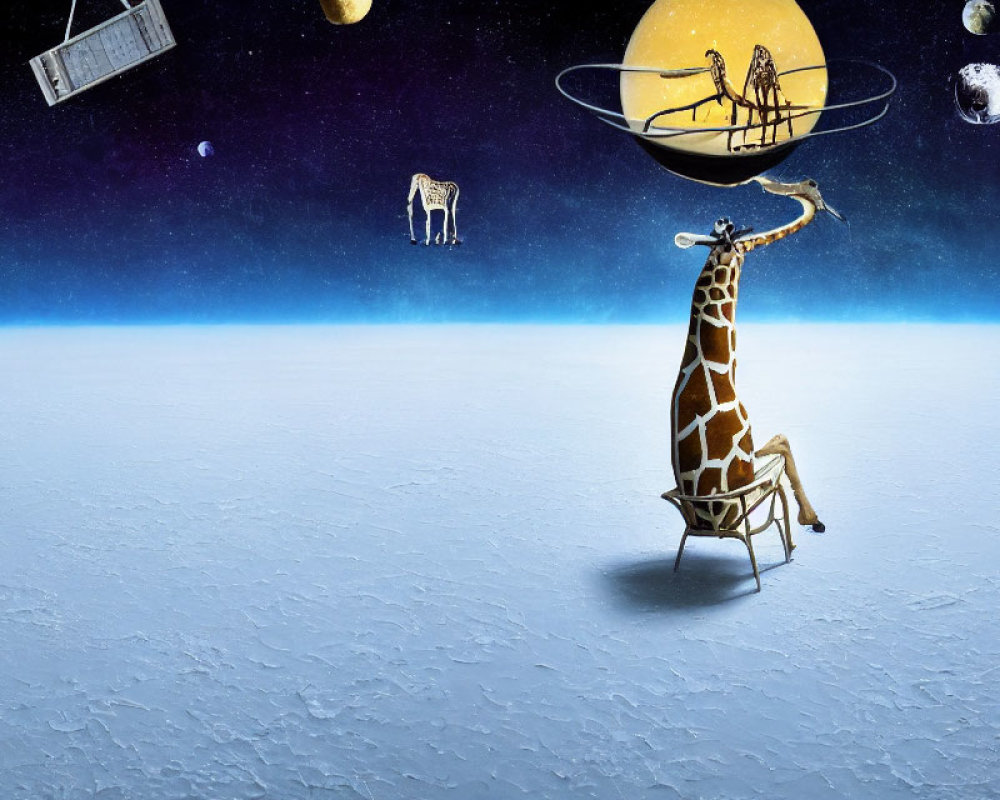 Surreal composition: giraffe on chair with desert balloon, floating objects on moon surface